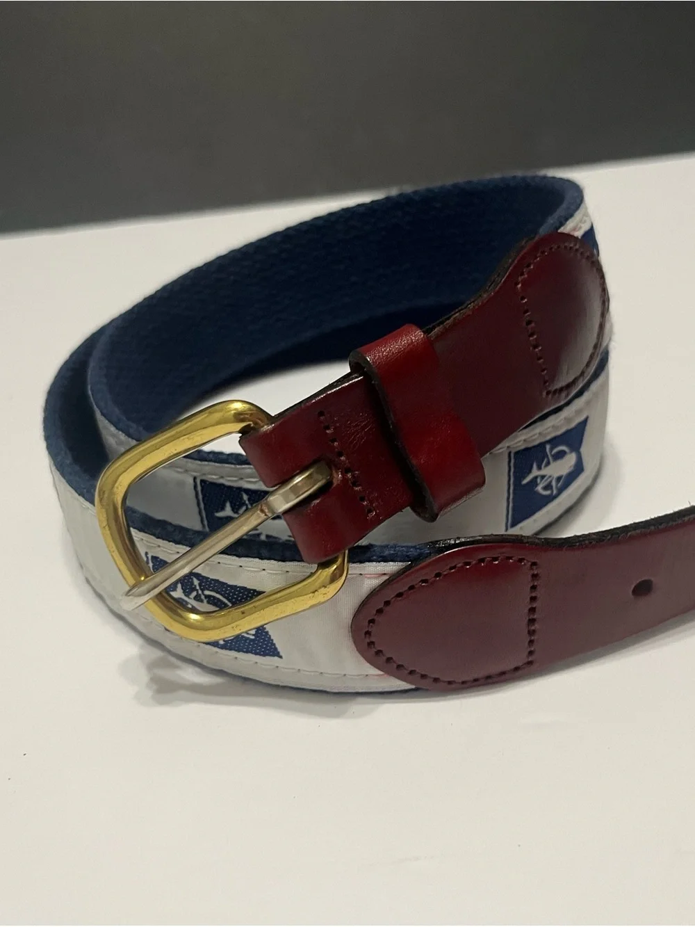 Nautical Canvas Belt with Brown Leather Trim size 34 - Picture 1 of 14